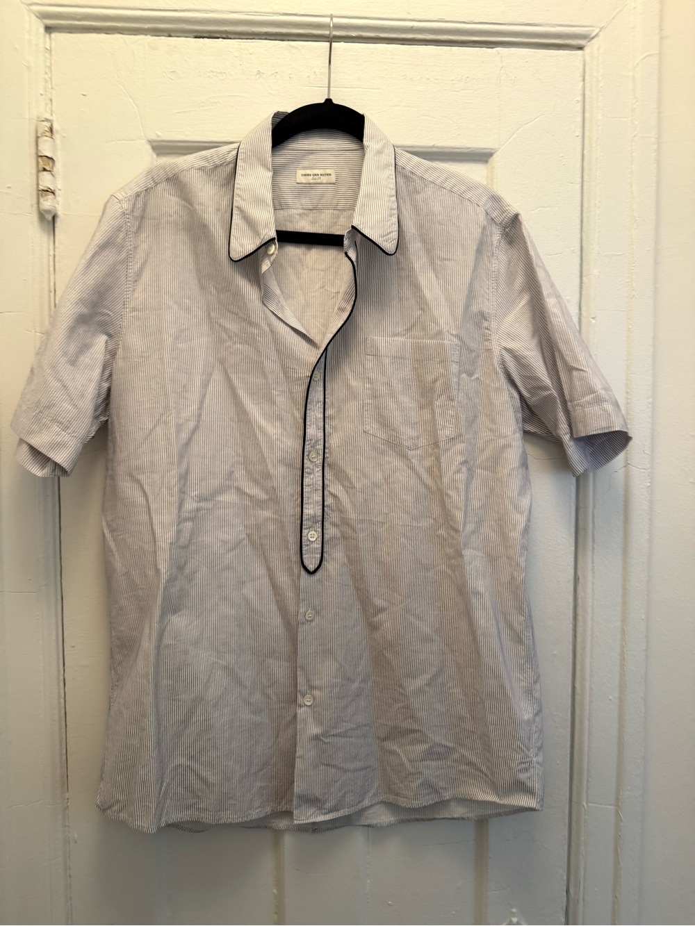 Dries Van Noten Men's Short-Sleeve Button-Up Shirt in Light Blue Stripe